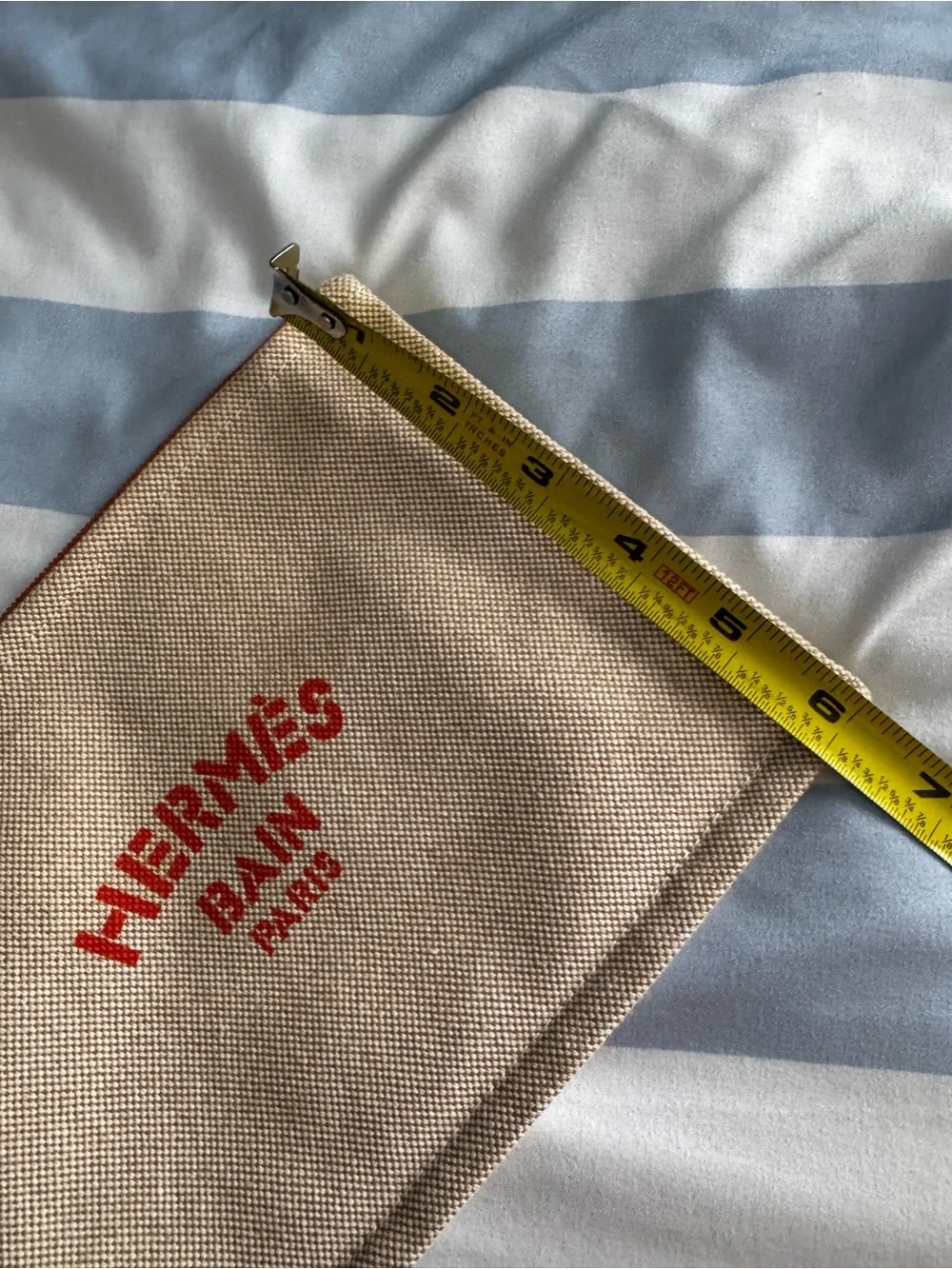 Hermes Beige Canvas Pouch with Orange Trim and Red Logo